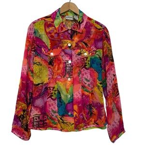 Chicos Colorful 100% Silk Button Down Sheer Blouse Size 0 / Size Small